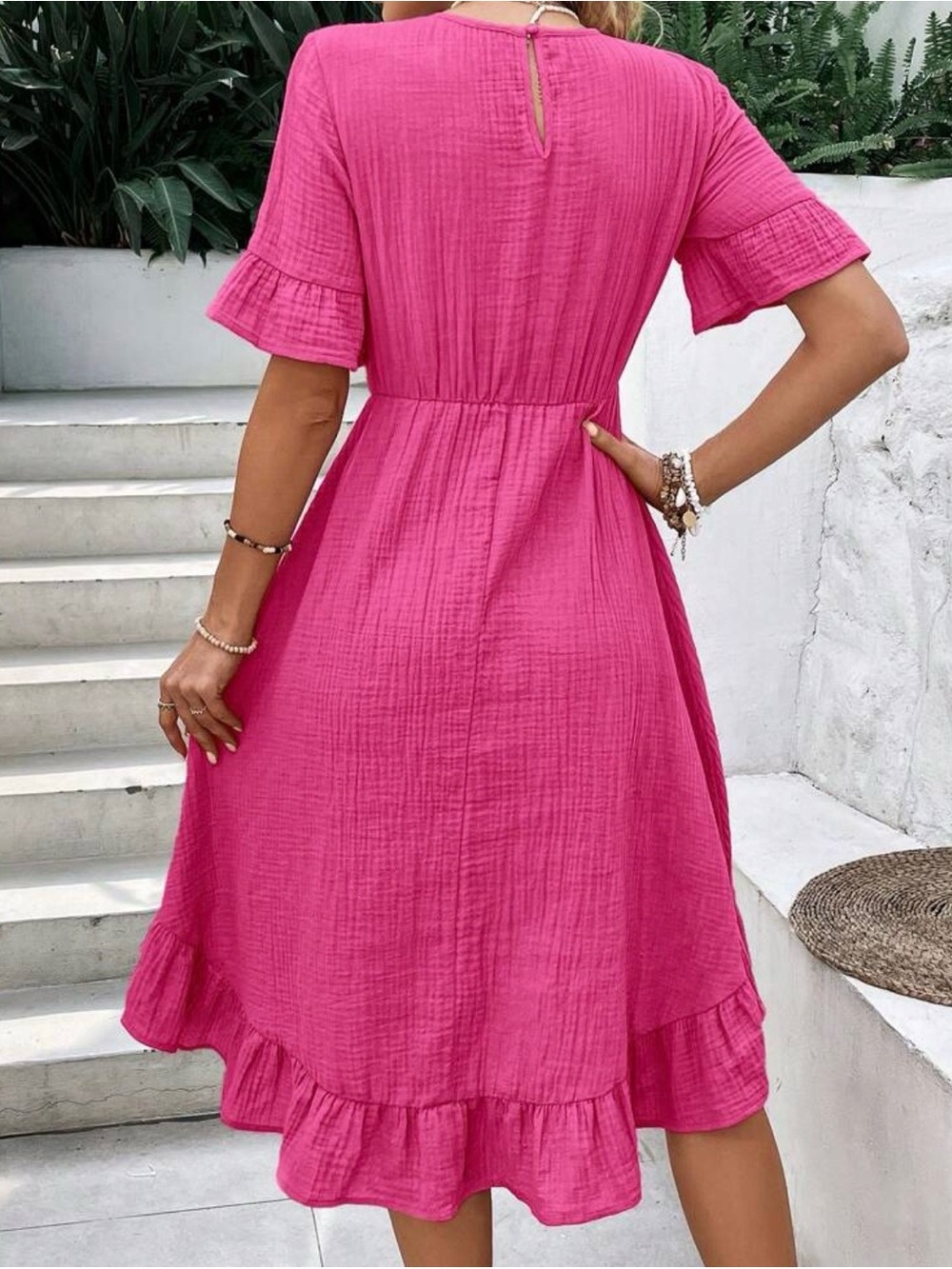 Bright Pink Ruffle Hem Midi Dress - Picture 5 of 5